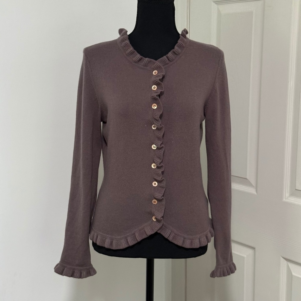 Pure Collection 100% Cashmere Cardigan Womens 10 Brown Ruffle Button Sweater